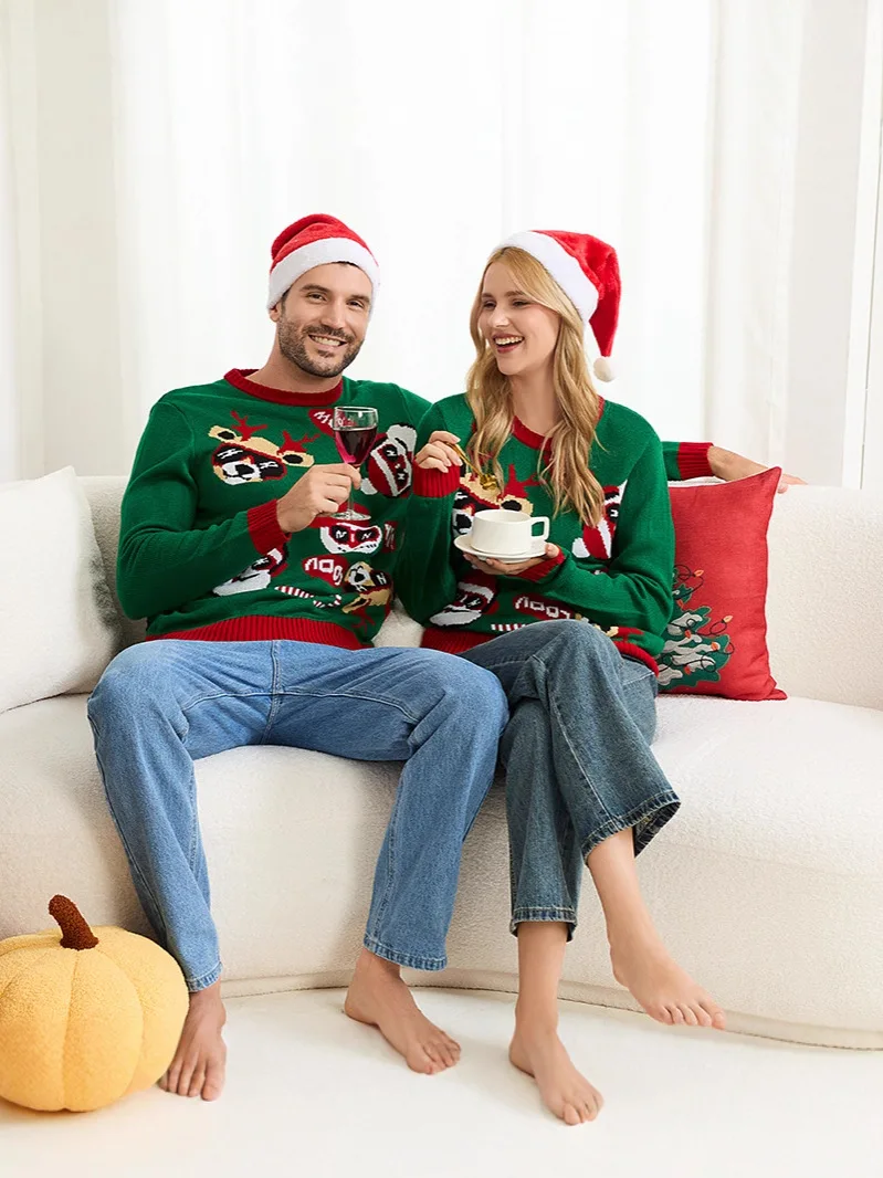 크리스마스 니트 스웨터 그린 산타 순록 자카드 패밀리 매칭 세트 커플 의상 남여 축제 착용