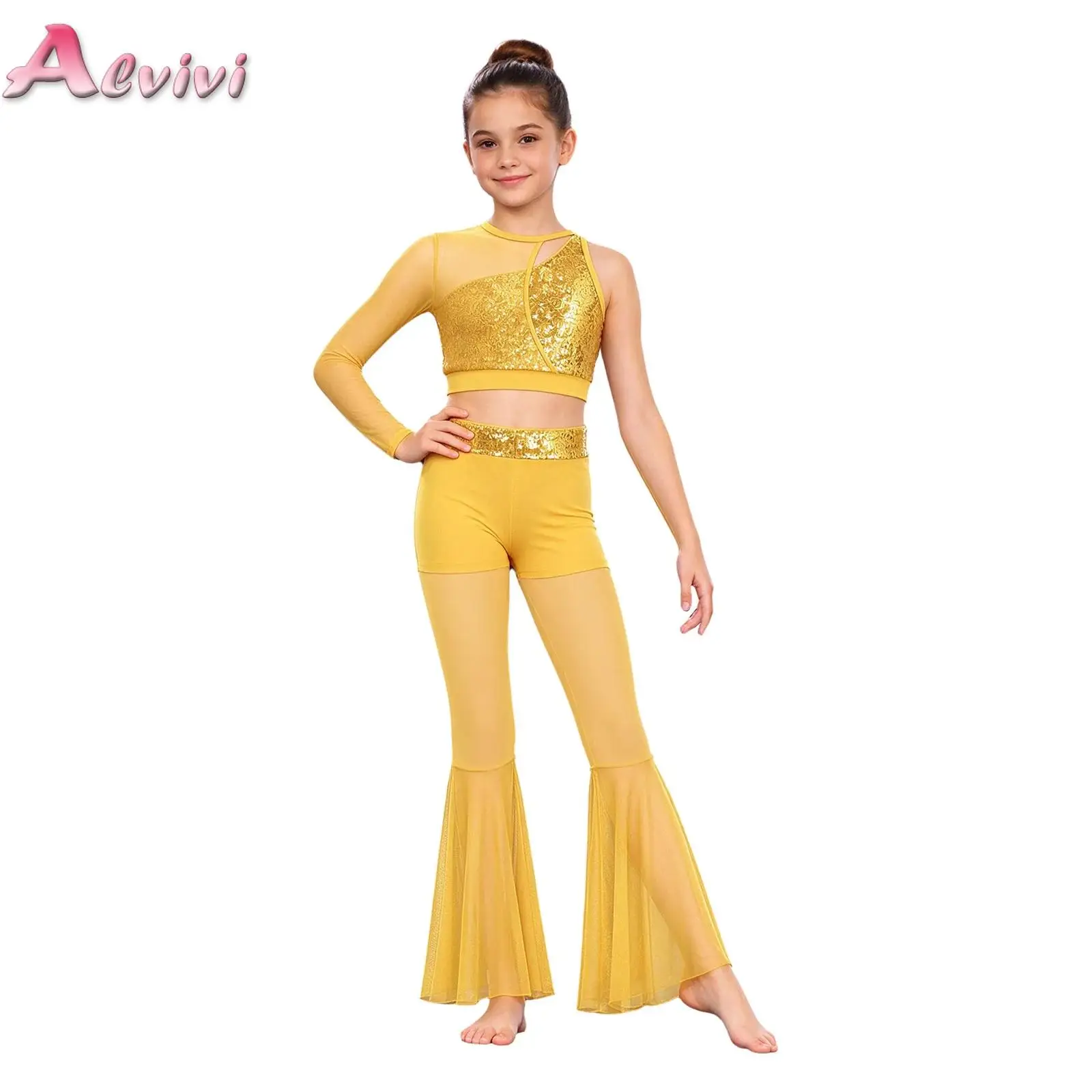 Kids Girls Lyrical Dance Costume Sequin Mesh Outfit Single Long Sleeve Crop Top with Bell-bottom Pants for Stage Performance
