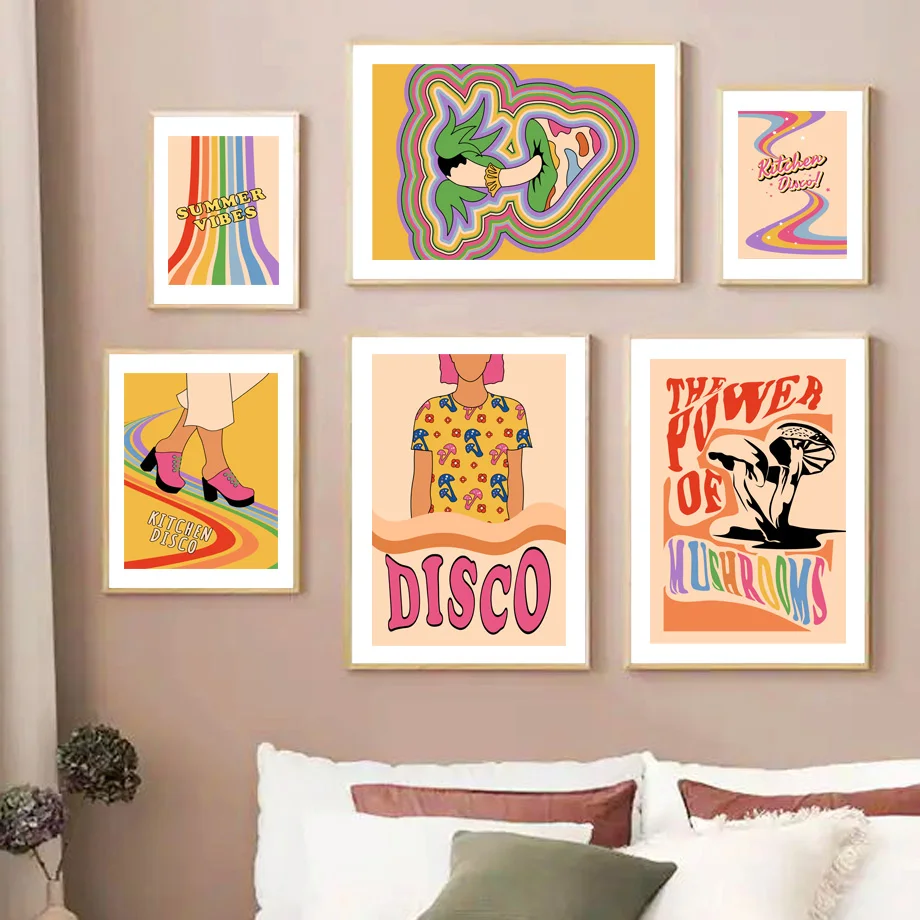 Wall Art Prints Canvas Painting Orange And Yellow Trendy Retro Cool Trippy Disco Nordic Poster Decor Pictures For Living Room