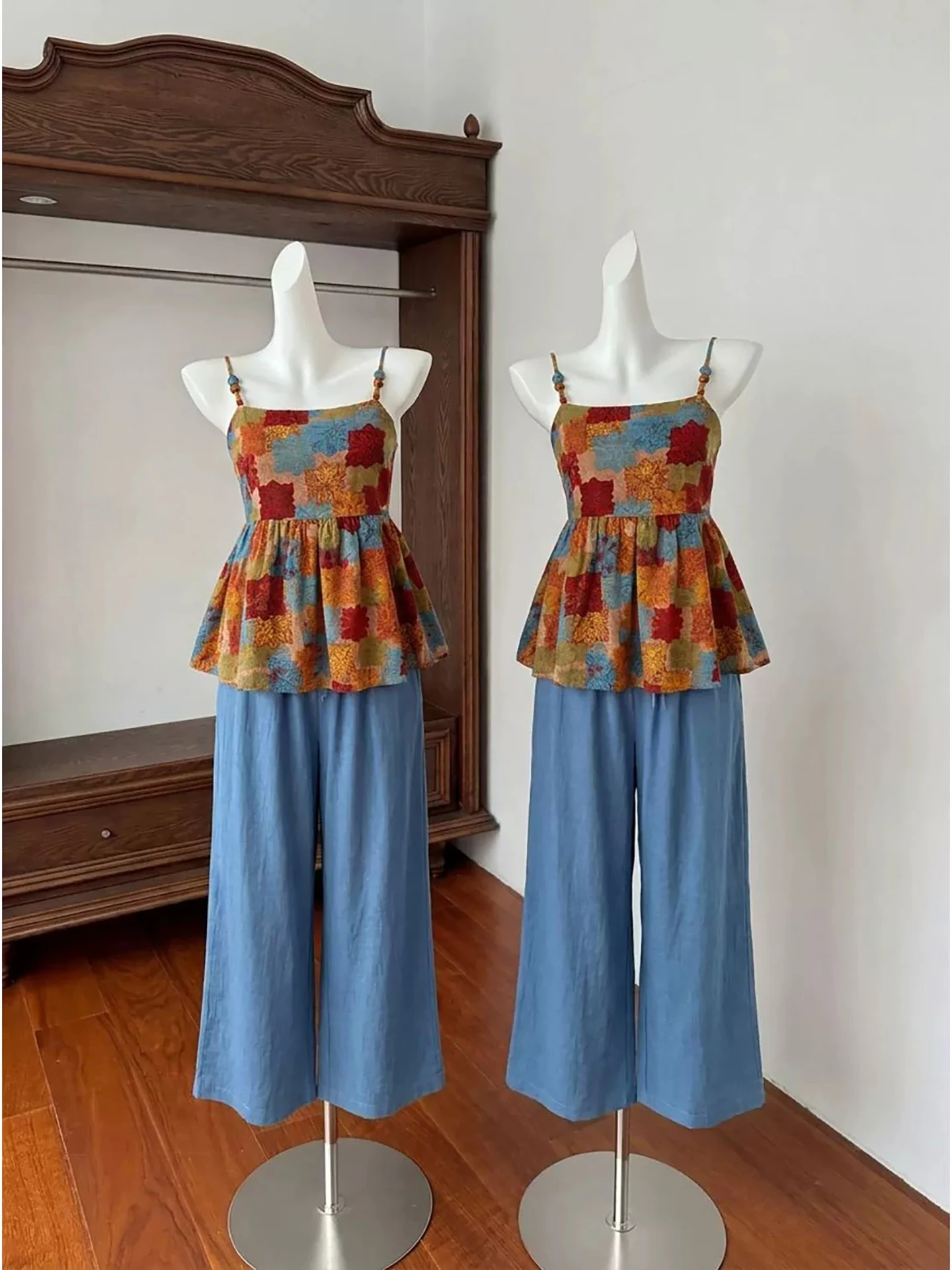 

Summer Casual High Waist Wide Leg Pants Two-Piece Set Women's Beautiful Top Small Audience Set Vacation Style Print