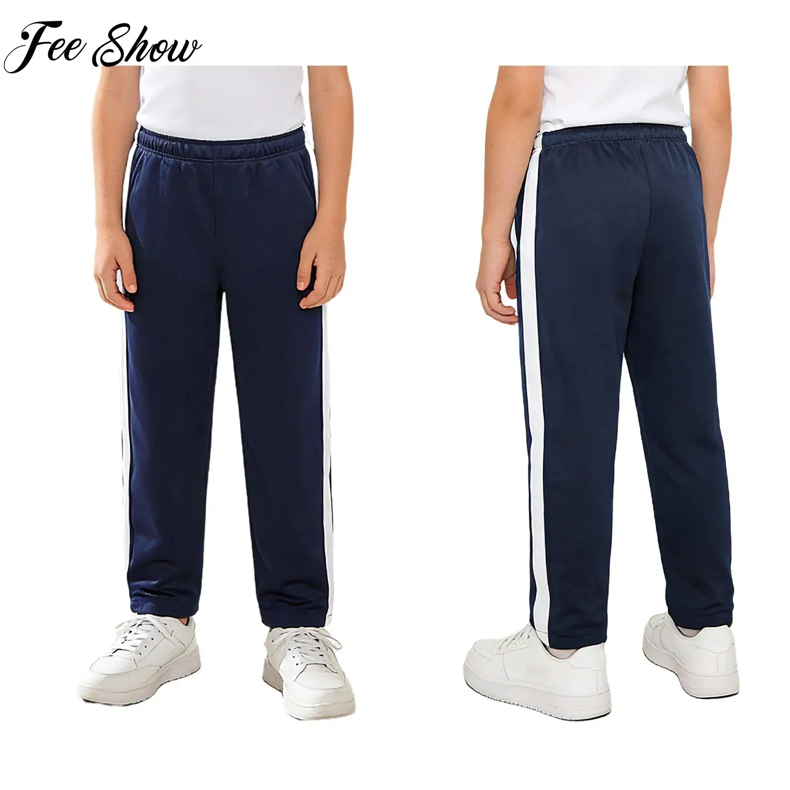 

Kids Boys Girls School Sports Exercise Costume Pants Teens Contrasting Stripe Sweatpants Drawstring Stretchy Straight-Leg Pants