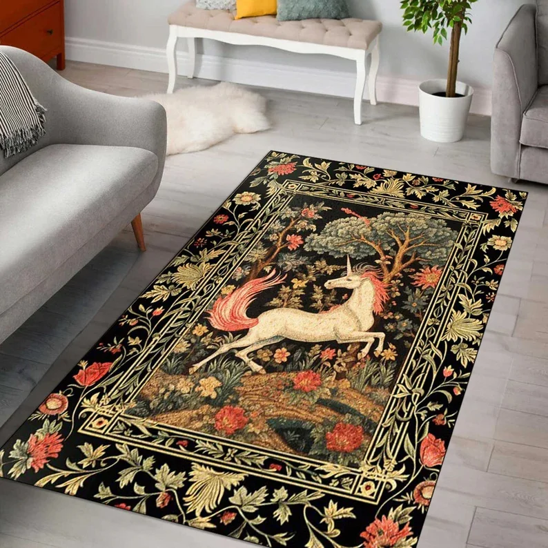 Vintage Art Rectangular Rug, Unicorn Tree Floral Patterns, Soft Non - Slip Carpet to Elevate Living Room and Bedroom Decor
