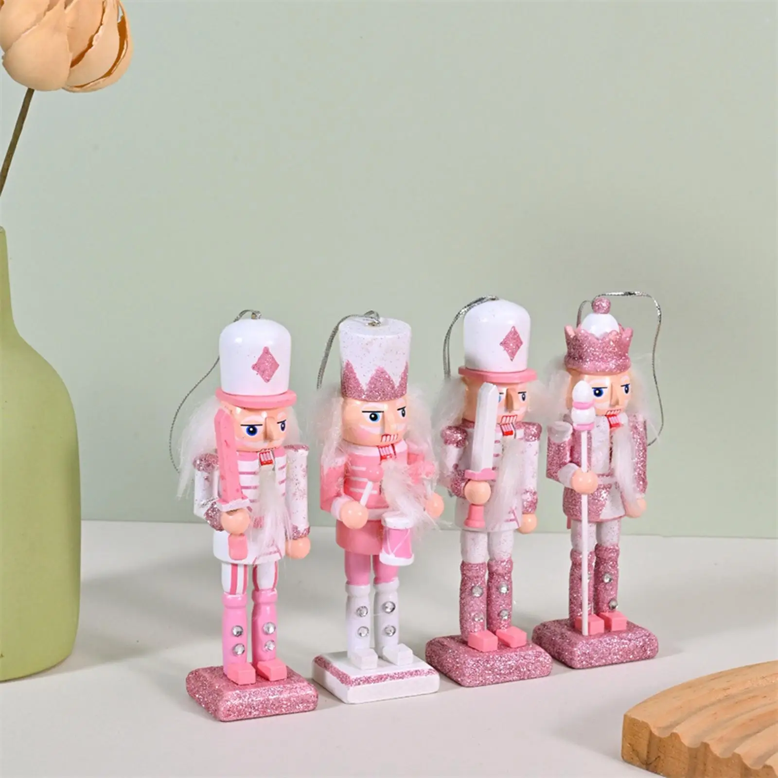 4Pcs Nutcracker Figurines Christmas Decorations Pendants Decor Statues Shiny Wooden Nutcracker for Living Room Christmas Tree