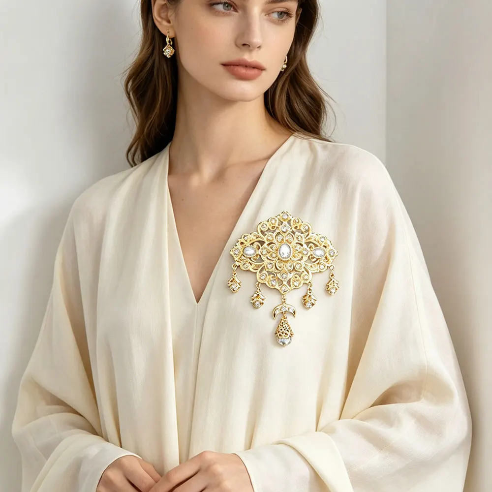 Luxury Filigree Moon Tassel Brooch Moroccan Caftan Kaftan Decorative Pin Clear Rhinestone Crystal Dangle Brooches For Women