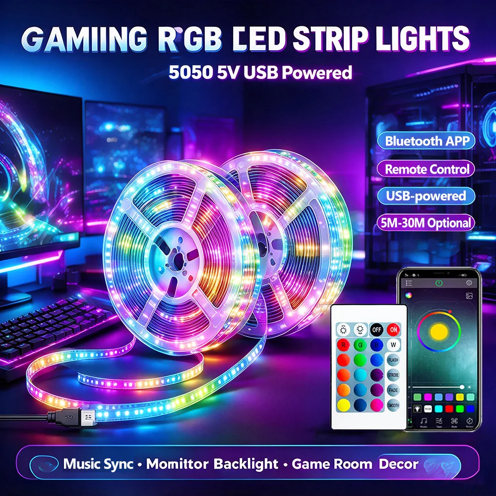 RGB LED Gaming Light Strip 5M to 30M USB 5V Bluetooth APP Controlled Music Sync for Gaming Setup Backlight Game Room Decor