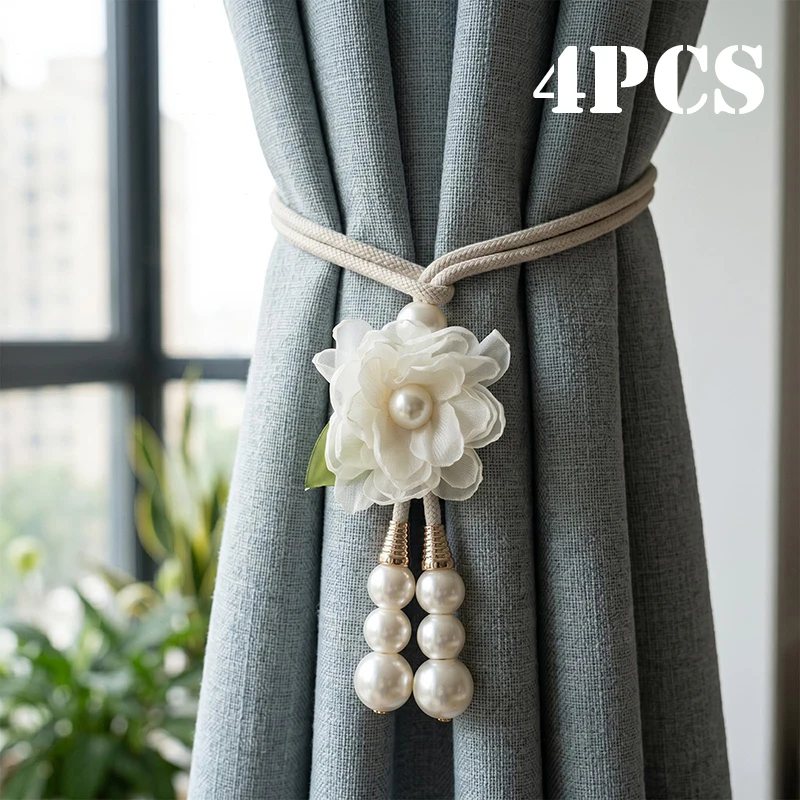 4pcs Silk Flower Pearl Curtain Tiebacks Adjustable Hand Woven Rope Long Loop Decorative Drapery Holders for Bedroom Living Room