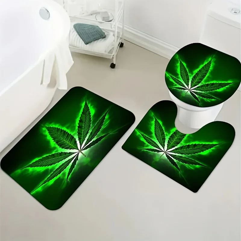 1 Green Fluorescent Leaf Pattern Bathroom Shower Curtain Four- Toilet Three-piece Set