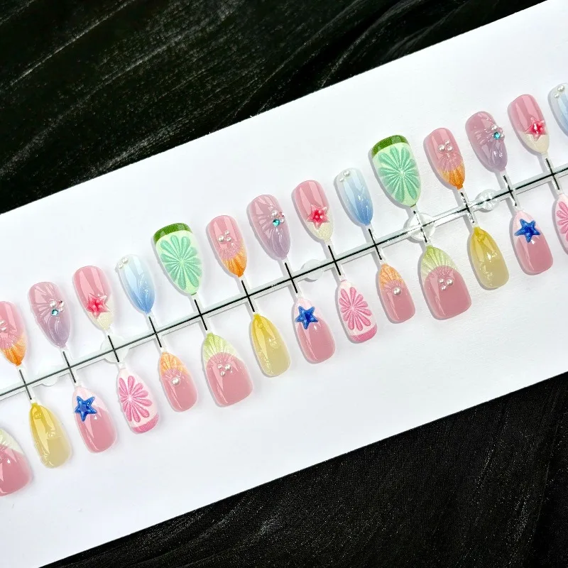 24PCS Colorful Summer French Fake Nails with Glue 3D Lemon Seastar Design Almond False Nails Ins Yellow Vacation Style Nail Tips