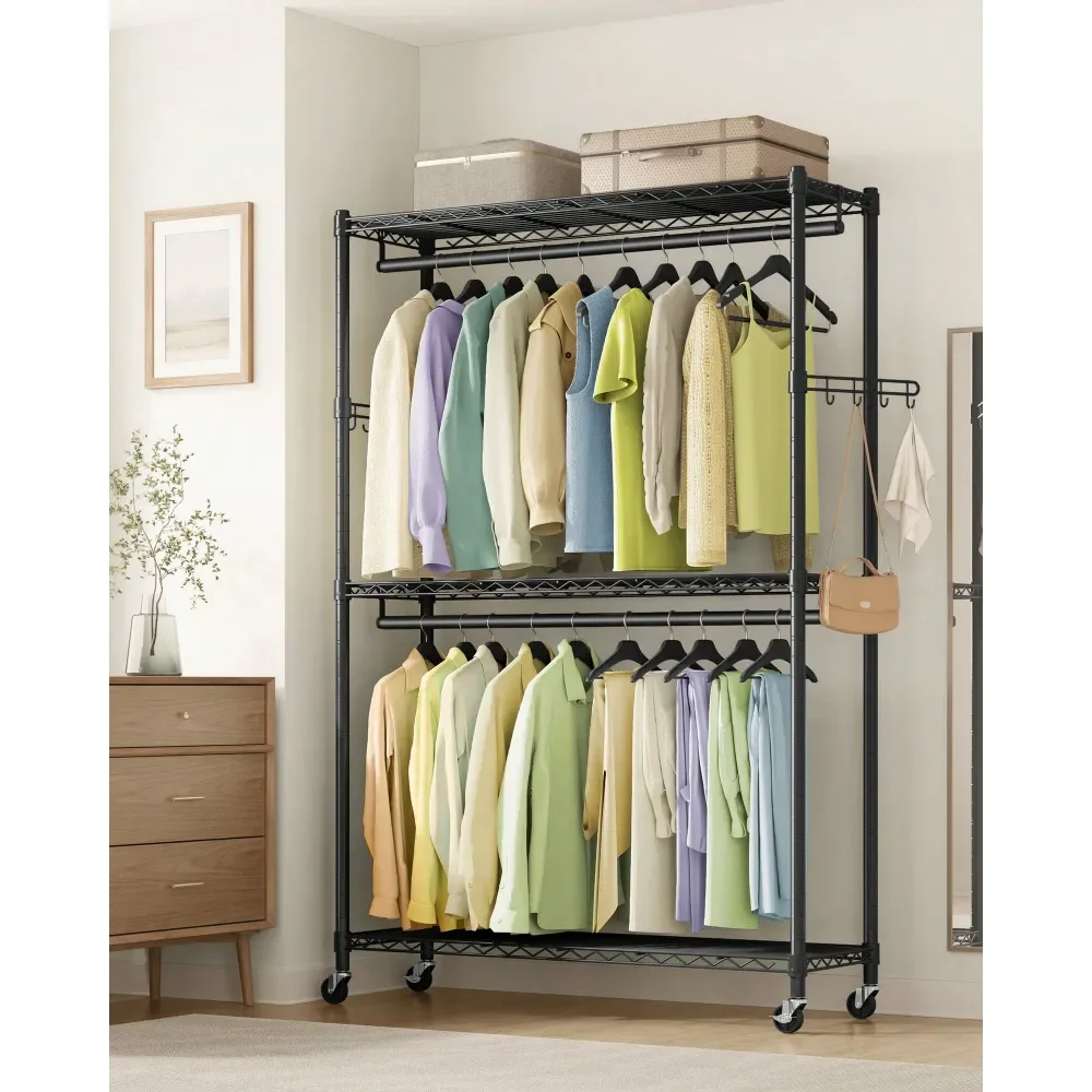

HeavyDuty Rolling Clothes Rack, Garment Rack, Portable Closet, 43.3Inch Wide Clothing Rack On Wheels, With Adjustable Mesh Shel