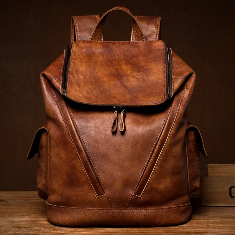 Men's luxury designer vintage Travel Backpack Soft handmake Distressed Cognac Leather Rucksack Knapsack Bucket Gifts for man bag