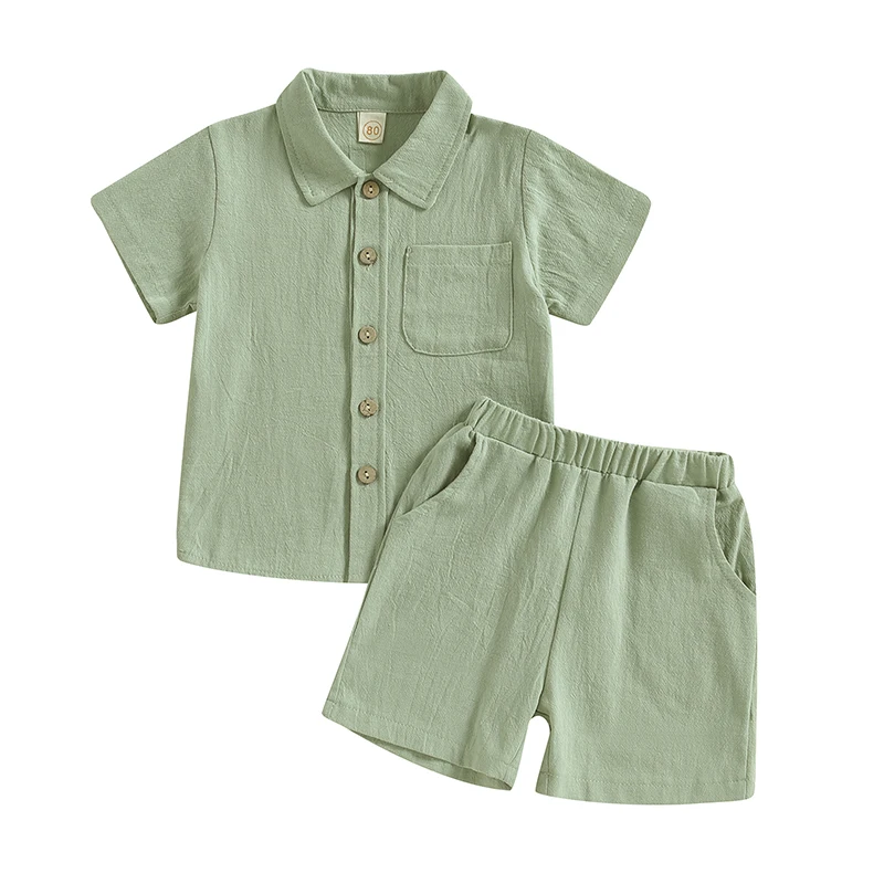 Kids Boys Casual Outfit Set Cotton Baby Boys Costume Summer Boy Clothing Set Short Sleeve Button Shirt with Elastic Waist Shorts