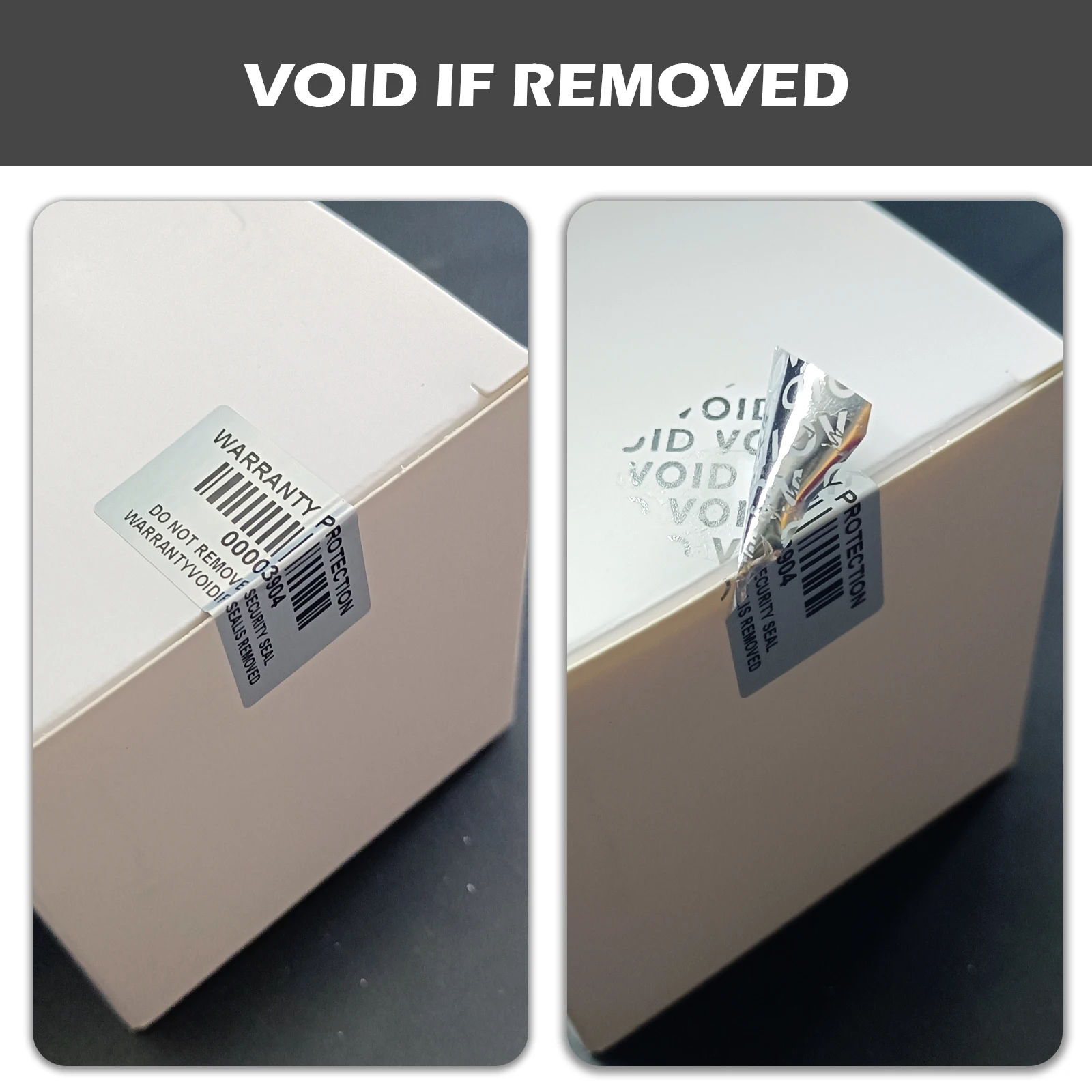 Barcode-Garantie-Ungültig-Aufkleber Matt Silberne PET-Sicherheitsetiketten mit Seriennummer Wasserdichte Manipulationssichere Siegeletiketten – Detail 12
