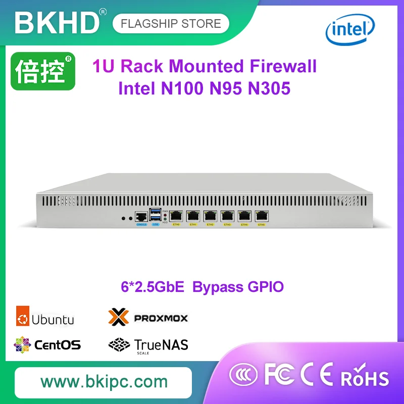 BKHD 19 inch 1U Hard Ware Rack Mounted Firewall Intel N100 N95/i3 N305 WIFI BT 4G Ikuaios Win-dow GPIO Bypass Network Server