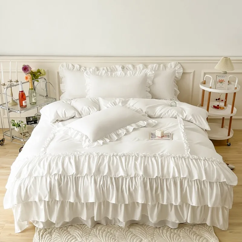 

Vintage Chic 3Layers Ruffle White Duvet Cover 2Pcs Pillowcases Twin Double Queen US King size Washed Microfiber 3pcs Extra Soft