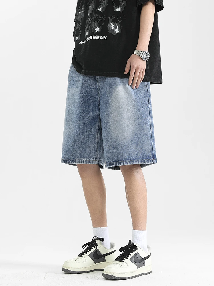 Grey men's denim shorts with straight button pattern, men's jeans, pants, denim retro streetwear, wide style, summer new style