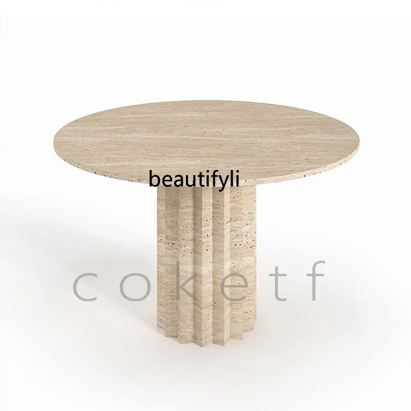 Q132 French designer natural Roman travertine marble dining table creative wabi wind home round table