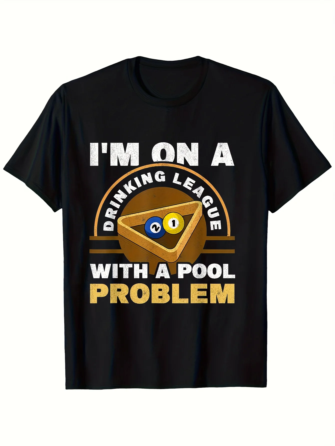 1 Item, I'M in a Billiards-Themed Drinking League Pattern T-Shirt, Black Casual Style, with 8 And 9 Ball Designs, Machine Washab