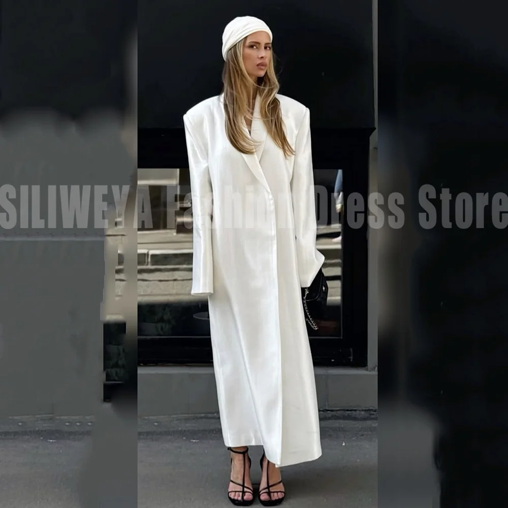 Luxury White Satin Solid Color Long Blazer 1 Piece Women Fashion Coat High Quality Lady Office Smart Casual Jacket 2026 Spring