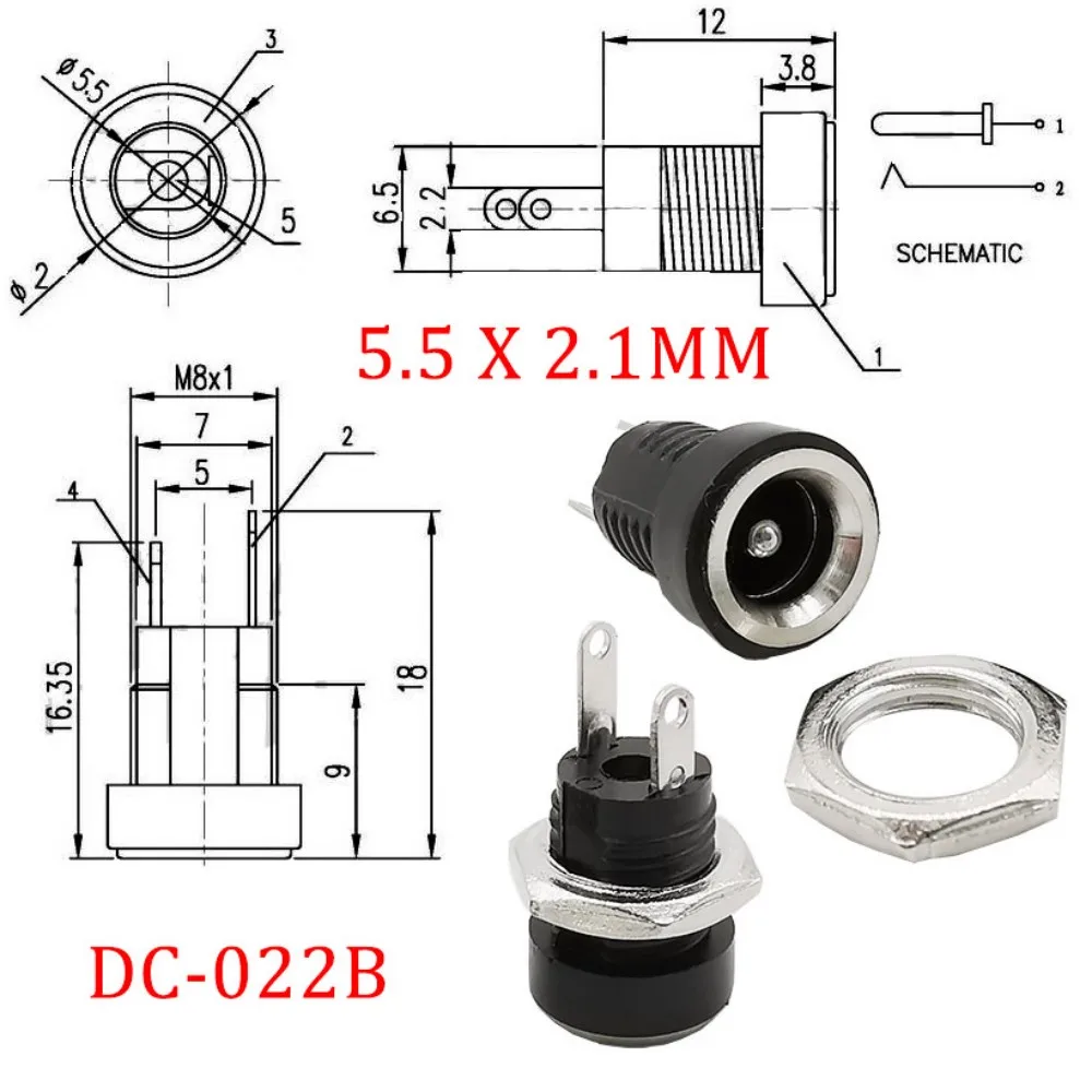 5Pcs DC022B  5.5x2.5mm 5.5x2.1mm 3.5X1.3mm DC Power Jack Socket Connector 5.5x 2.1mm 5.5x 2.5mm  DC Power Plug