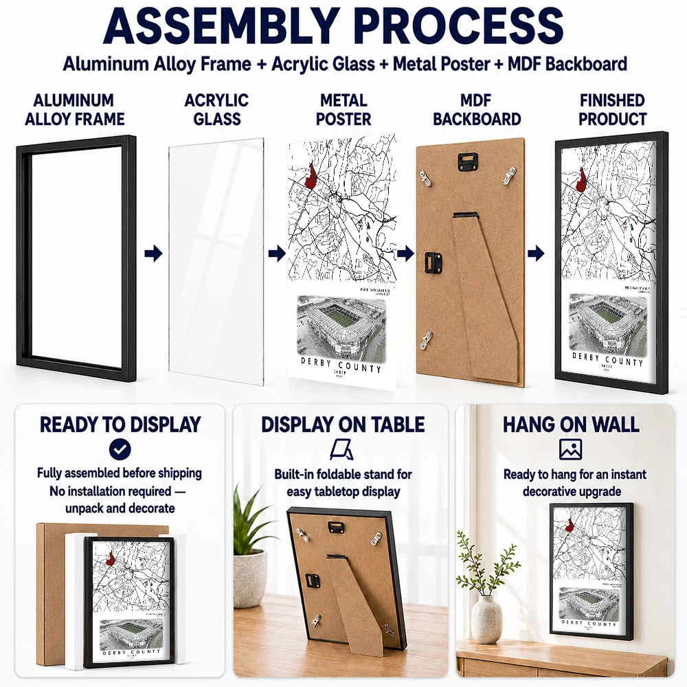 Derby Pride Park Stadium Map Metal Poster With Aluminum Alloy Frame Customized Line Drawing Wall Art For Entryway And Hallway