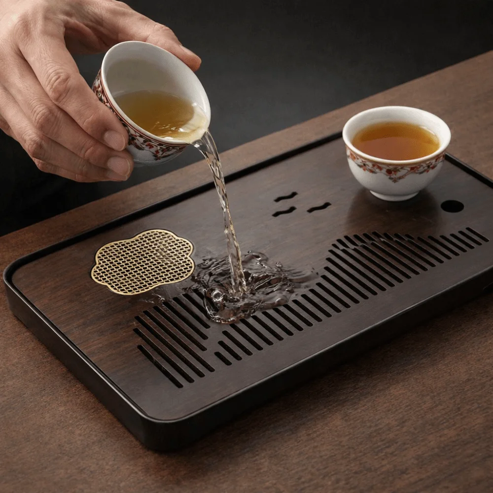 Japanese Style Bamboo Drain Tea Tray Mountain Bird Pattern Rectangular Tea Platform Vintage Detachable Water Storage Tea Tray