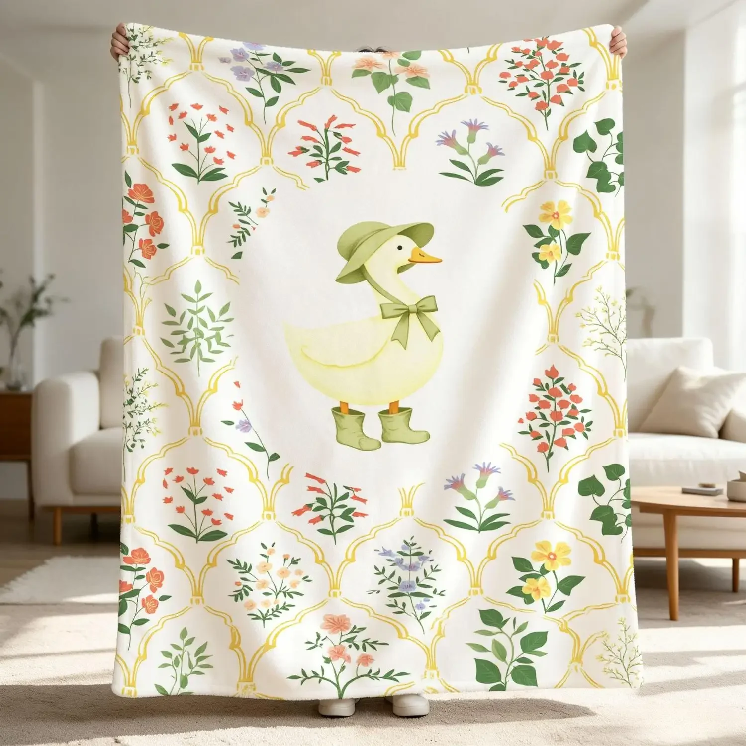 [Flannel Blanket] Pastoral Style Floral Duck Blanket, Pastel Garden Duckling Blanket, a Comfortable Plant-Themed Gift for Nature