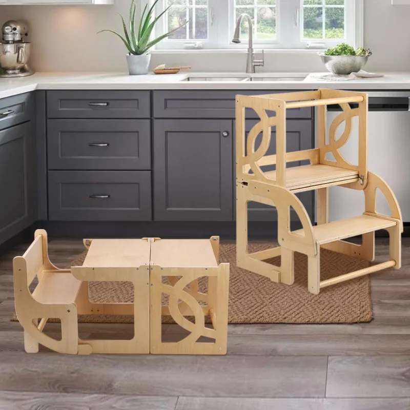 برج تعلم مزدوج طبيعي طاولة ألعاب للأطفال قابلة للتشوه برج تعلم مونتيسوري للمطبخ خطوة غسيل يدوية متعددة الوظائف #3