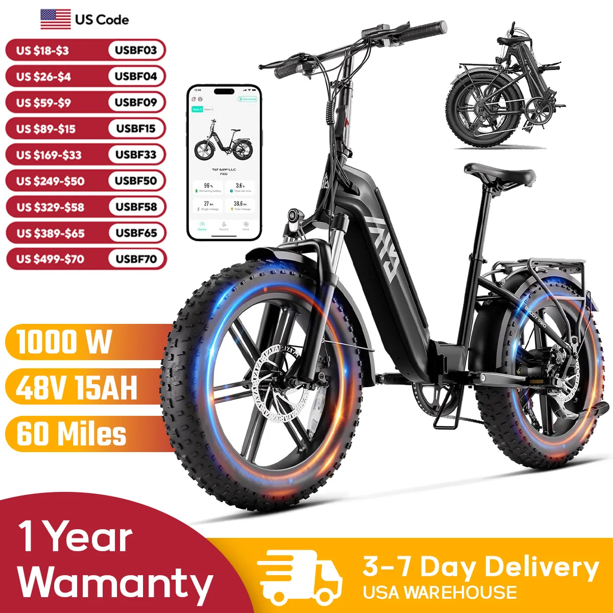 

TST F00D Folding Electric Bike, 1000W motor, 48V 15Ah removable battery, 60 miles range, 25 MPH, 20" fat tires, rear rack.