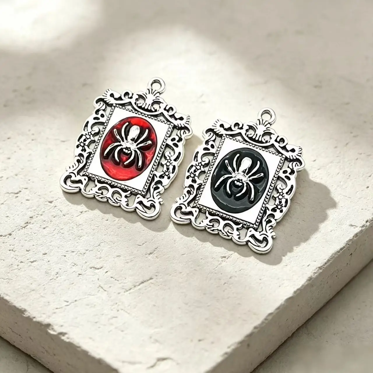 5Pcs 34*25mm  Alloy Gothic Spider Charms Antique Silver Plated Frame Pendants with Enamel for DIY Punk Halloween Jewelry Making