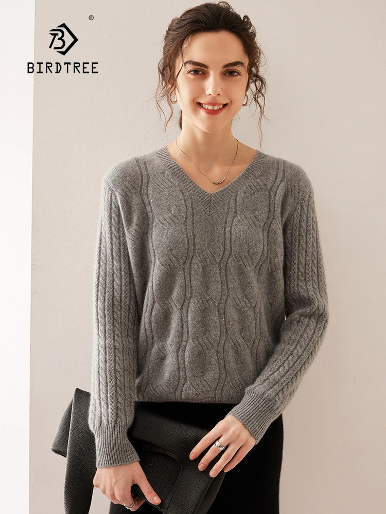 

Birdtree,35% Cashmere And 65% Wool Sweater, Female V-neck Loose Fit Plus Size Versatile Style, Autumn/winter New Top T49102QE