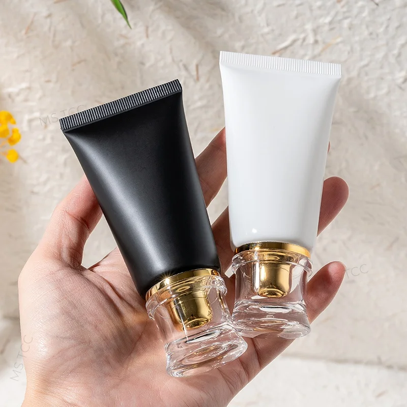 

10Pcs 50ml Plastic Squeeze Tubes Golden Acrylic Lid Frosted Black or White Glossy Tubes Luxurious Skincare Packaging Wholesale
