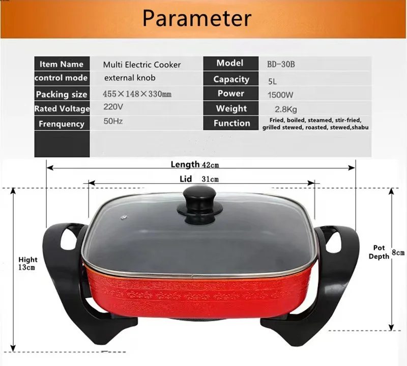 hot selling portable Korean style square 5L electric cooker healthy kitchen nonstick  pot ware electric caldron for dormitory