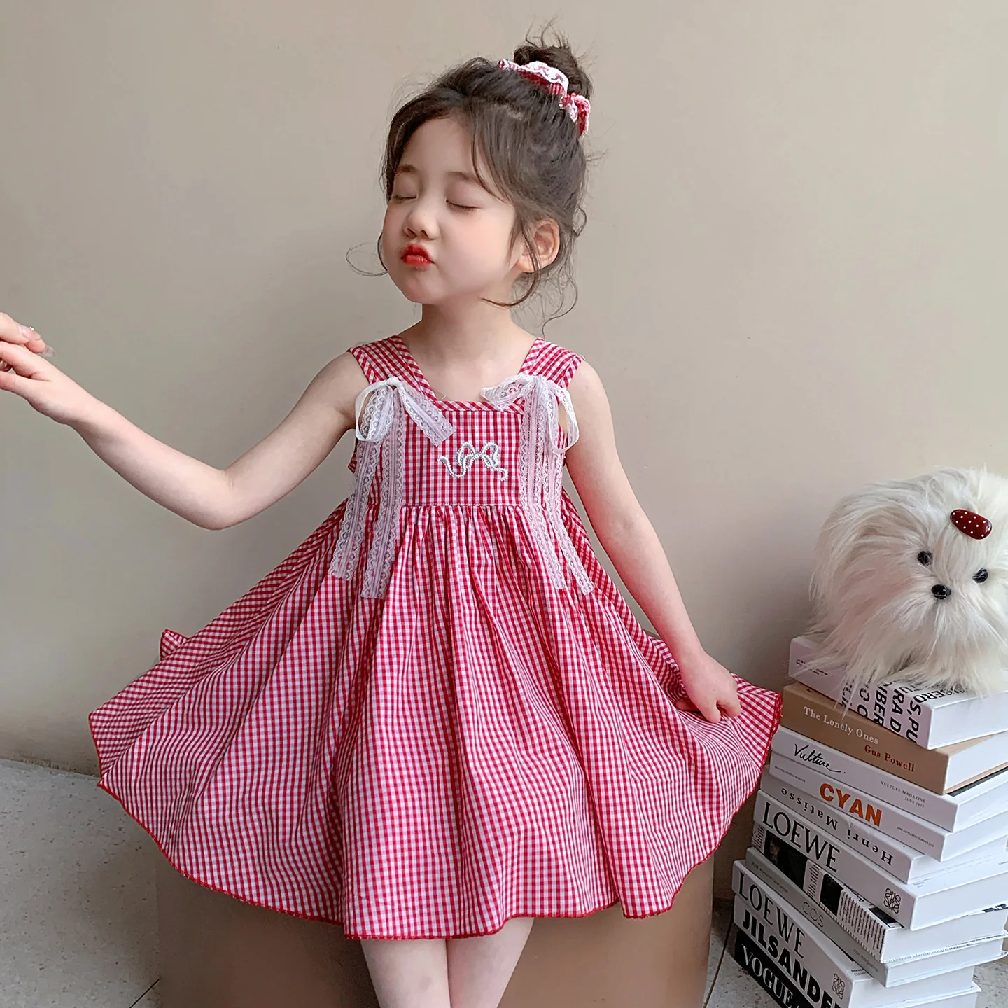 Vestido Xadrez para Meninas, Conjunto de Verão 2026, Novo Estilo, Vestido Halter com Laço de Borboleta, Vestido Doce de Princ...
