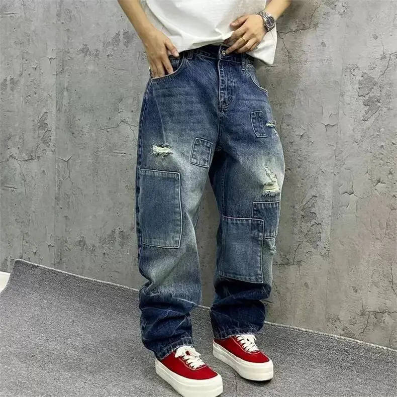 

Мужские джинсы-карго Brand Splicing, осенняя мода, свободные прямые брюки-шаровары, с эффектом потертости, в стиле tooling, с низкой посадкой, уличная одежда