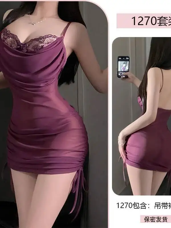 Sexy Paars Rijm Kant Verleiding Nachthemd Sexy Taille Tie Hip Wrap Nachtkleding Jurk Elegante Mesh Kant Sheer Mini Jurk H0DL