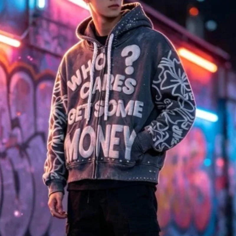 High Street Y2K Grunge Streetwear Letter Print Men Hoodie Rhinestone Distressed Washed Loose Harajuku Gothic Outerwear Unisex
