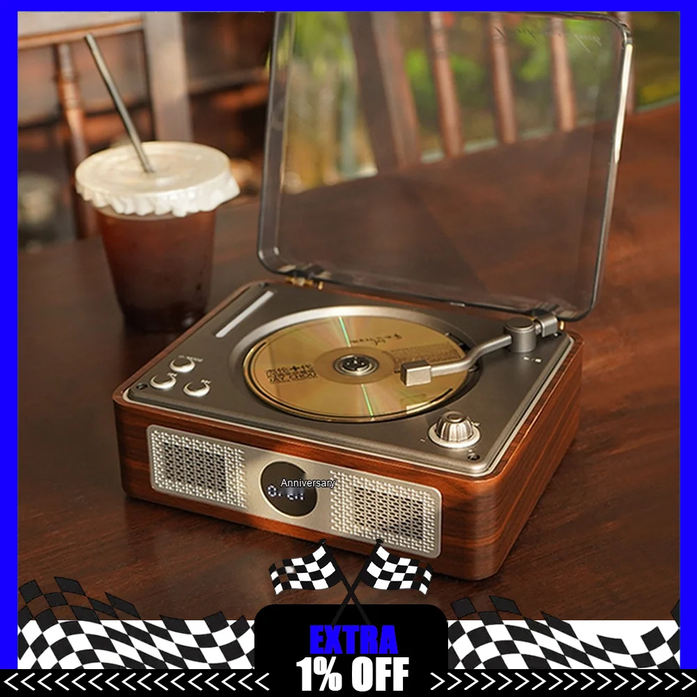 THINKYA A11 Retro CD Player Portable Bluetooth Speaker Vinyl-Style Disc Player with Stereo Sound for Home Desktop Music