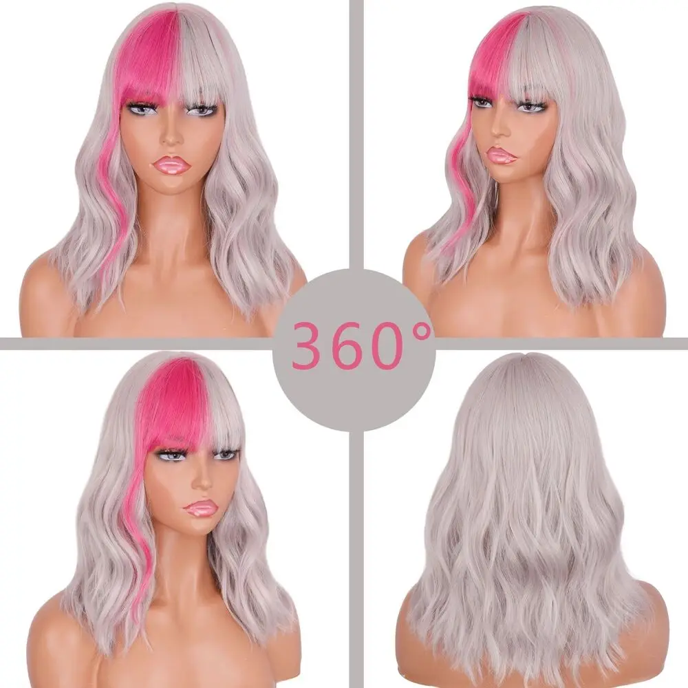 Short Wavy With Bangs Half Rose Purple Half Gray Synthetic Fashion Wigs