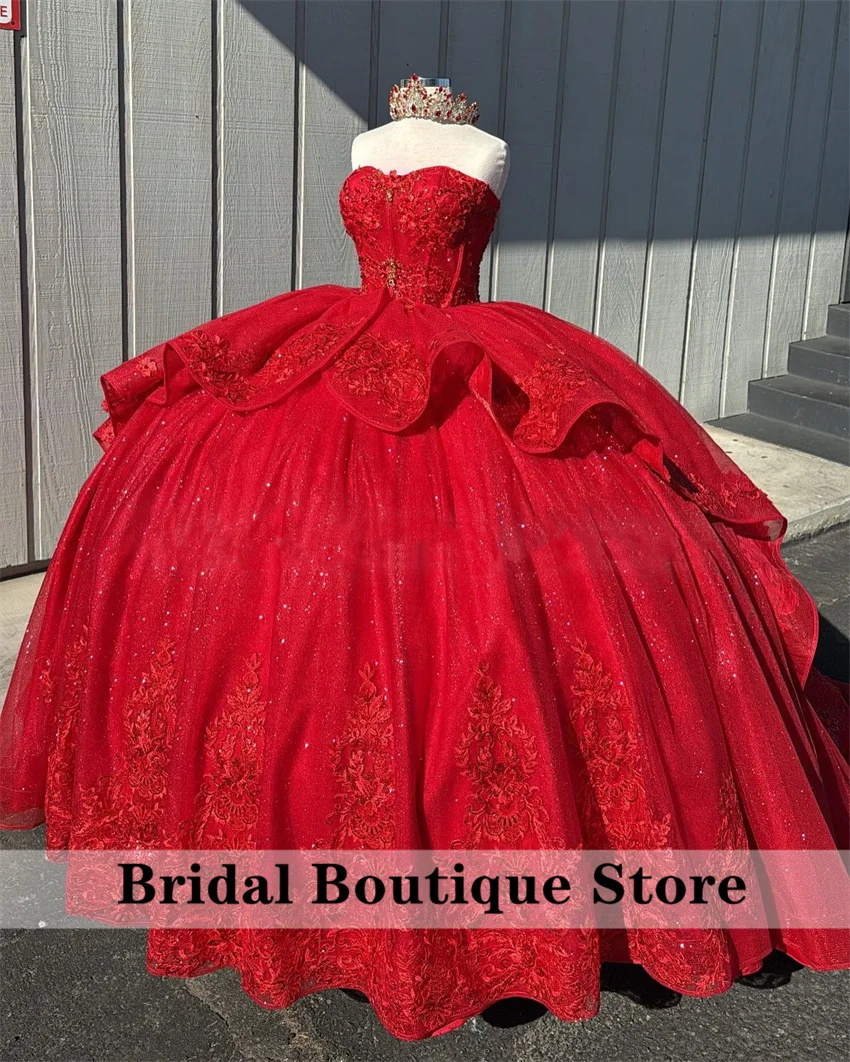 Vestidos de quinceañera con escote en forma de corazón rojo de lujo, vestido de baile con lazo, Apliques de encaje, cuentas, Tull de cristal, vestido mexicano dulce 16 personalizado