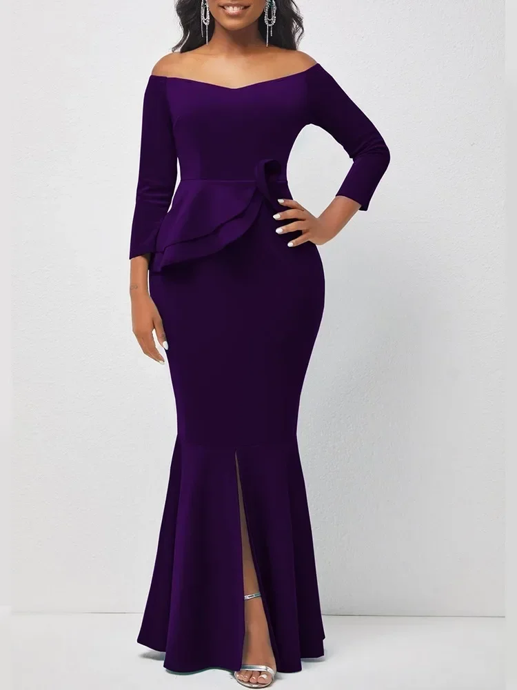 2025 vestidos de verão para mulheres sólido fora do ombro babados split vestido de noite casual elegante maxi robe feminino