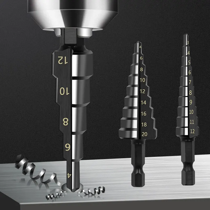 3-teiliges HSS-Stufenbohrer-Set mit gerader Nut, Sechskantschaft, Titanstahlbeschichtung, für Holz und Metall, Kegelbohrer, Elektrowerkzeuge – Detail 5
