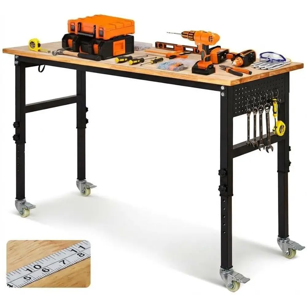 60" x 24" Heavy Duty Workbench with ETL Power Outlet, 8-Level Height Adjusent (29.5"-39.4"), Rubberwood Top with 2000 Lbs acity,