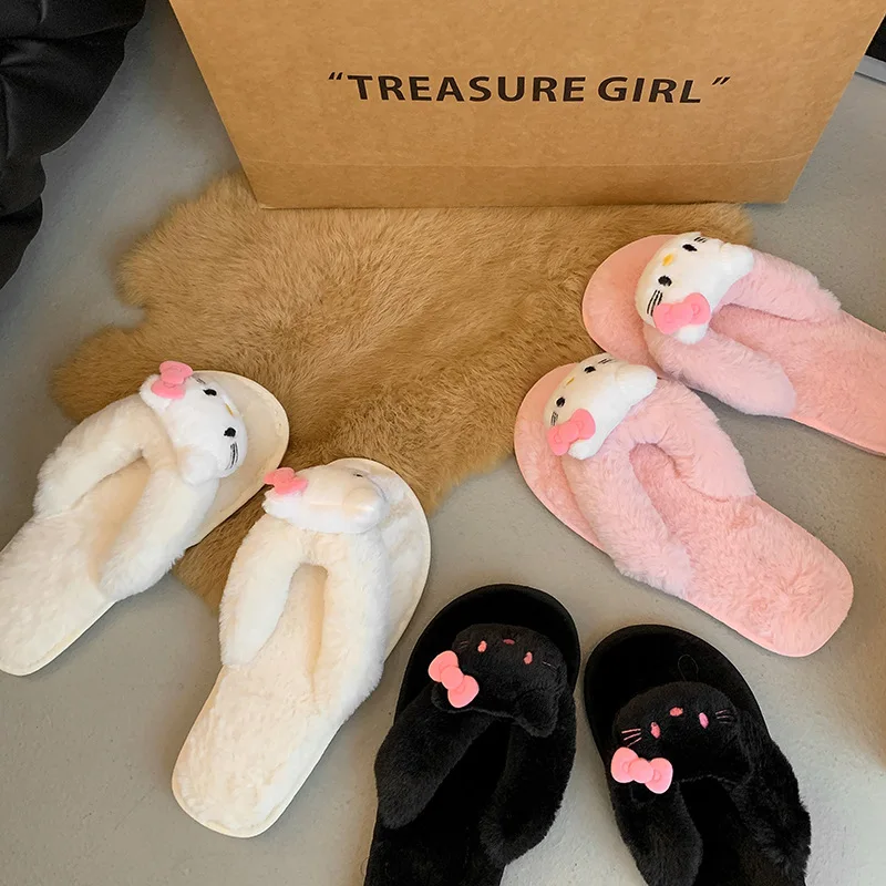 شبشب كاواي هالو كيتي من القطن القطيفة الجميلة للفتيات على طراز الشتاء للاستخدام المنزلي في الهواء الطلق، شباشب مريحة غير قابلة للانزلاق، هدية لطيفة