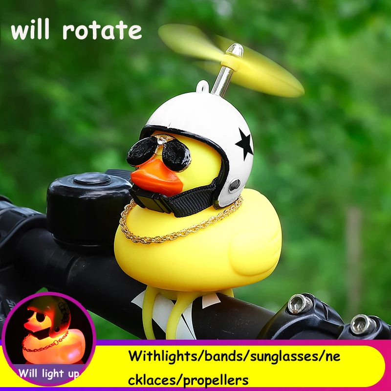 Yellow Rubber Duck Handlebar Ornament Toy with Propeller Helmet with Lights Cute Ducky Motorcycle Riding Faucet Decoration