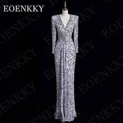 Luksusowe suknie wieczorowe Dubai Elegancka sukienka z długimi rękawami i cekinami z dekoltem w szpic o kroju syreny Sparkly Floor Length Luksusowe suknie wieczorowe Dubaj Eleganckie  Długie rękawy Cekinowa sukienka wi