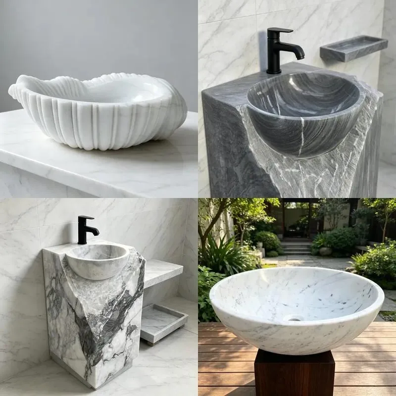White Marble Shell Shaped Sink Hand Carved Stone Wash Basin for Bathroom Vanities Luxury Decor