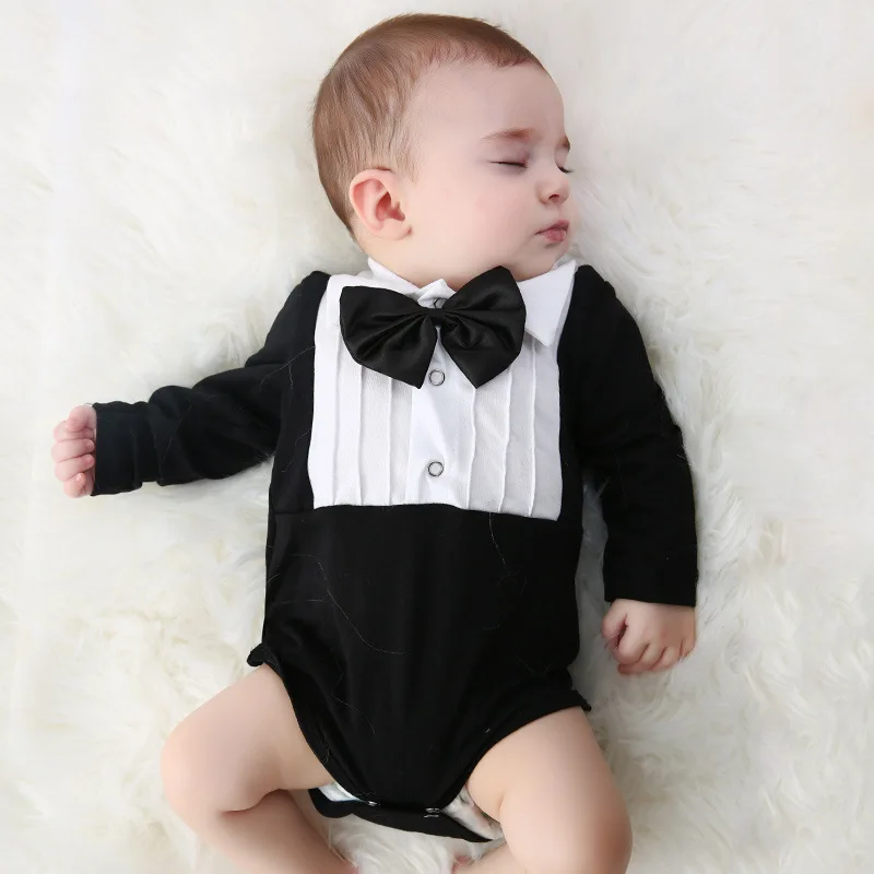 

Autumn Baby Boy Clothes 0-3M Black Bow Tie Bodysuit Newborn Boy Gentleman Romper One-Piece Cotton Jumpsuit Toddler Clothing 1 2Y