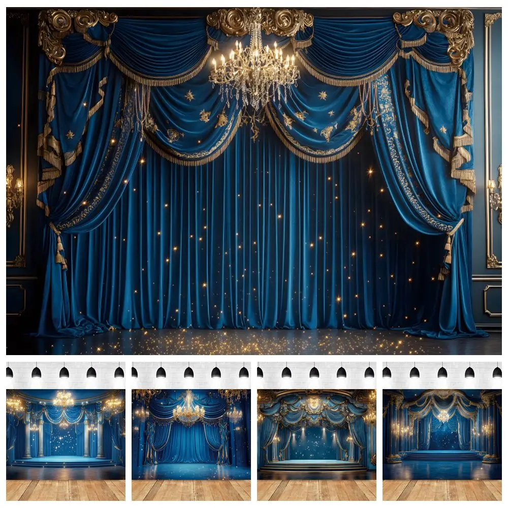 Royal Blue Palace Curtain Photography Backdrop Little Prince Birthday Party Decor Boys Baby Shower Photocall Background Banner