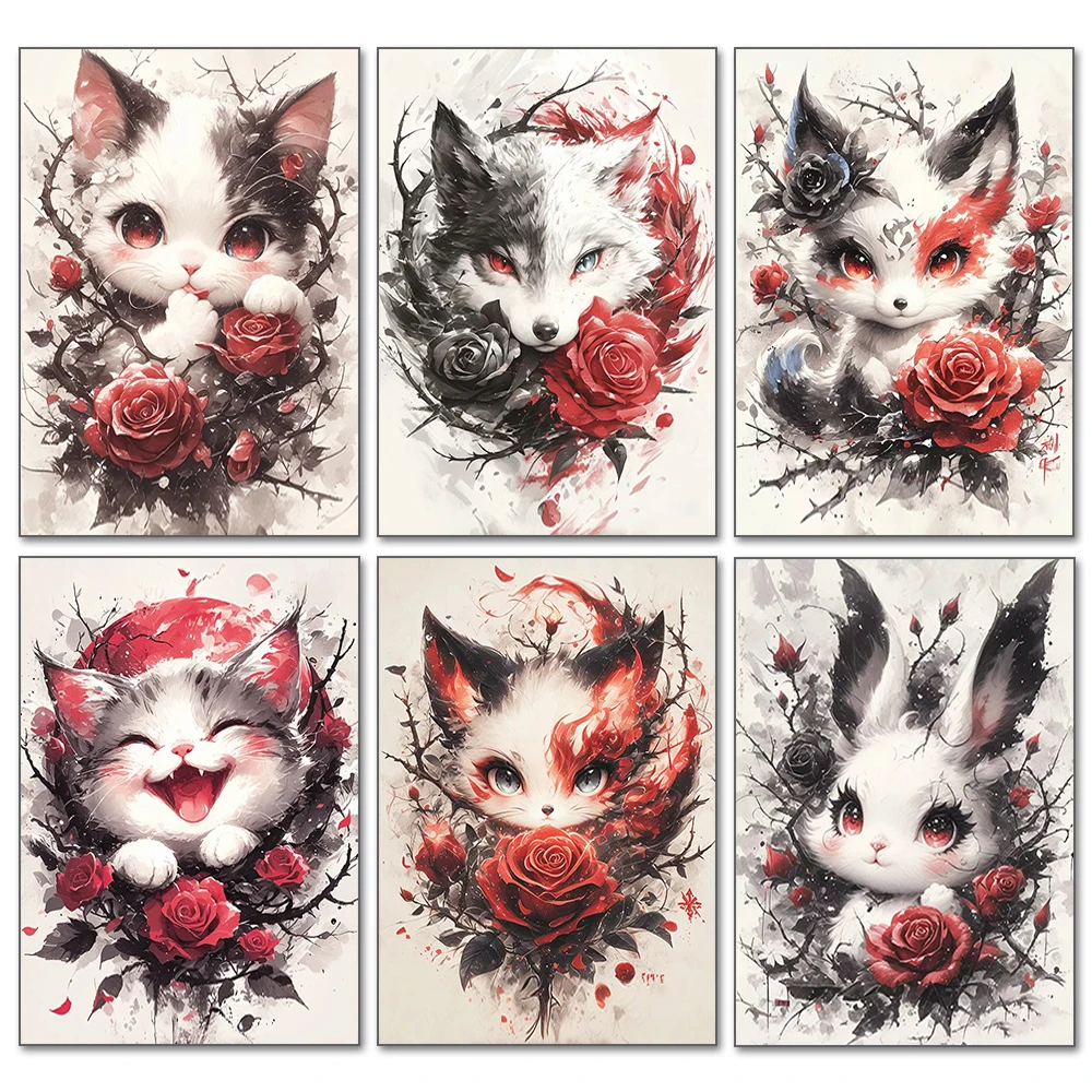 5D DIY Cartoon Animal Diamond Painting Set Fox Rabbit Mosaic Cross Stitch Rose Diamond Mosaic Home Decoration Handmade Gift