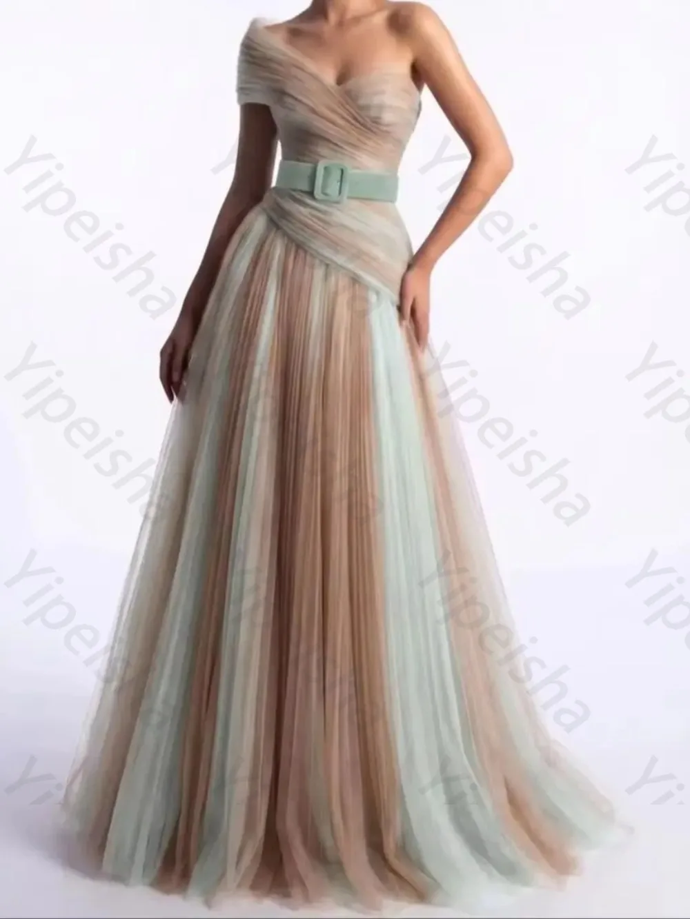 Customized 2026 One Shoulder Two Tone Tulle Evening Gown Ruched Bodice Green Belt A-Line Prom Dress for Wedding Guest